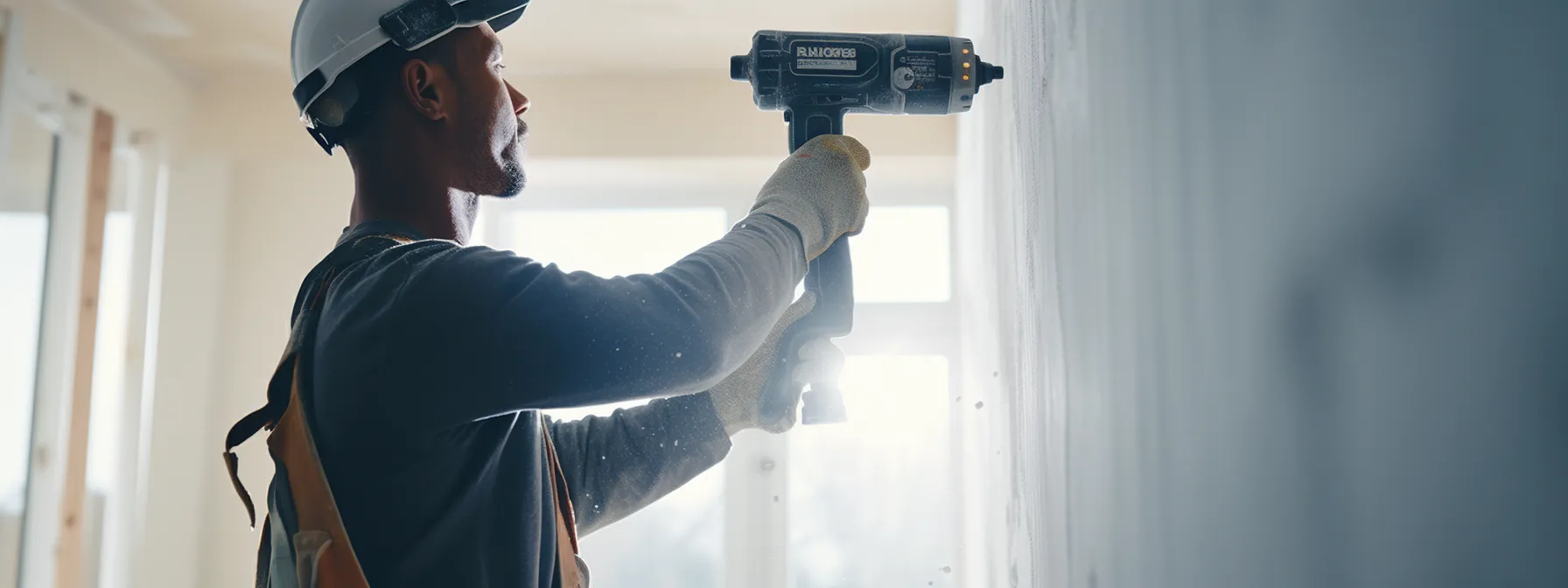 a person using a drill to fasten drywall sheets to a wall.