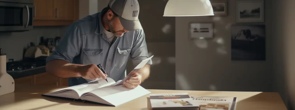 a person comparing and reviewing drywall contractor options with a guidebook and notebook on a desk.