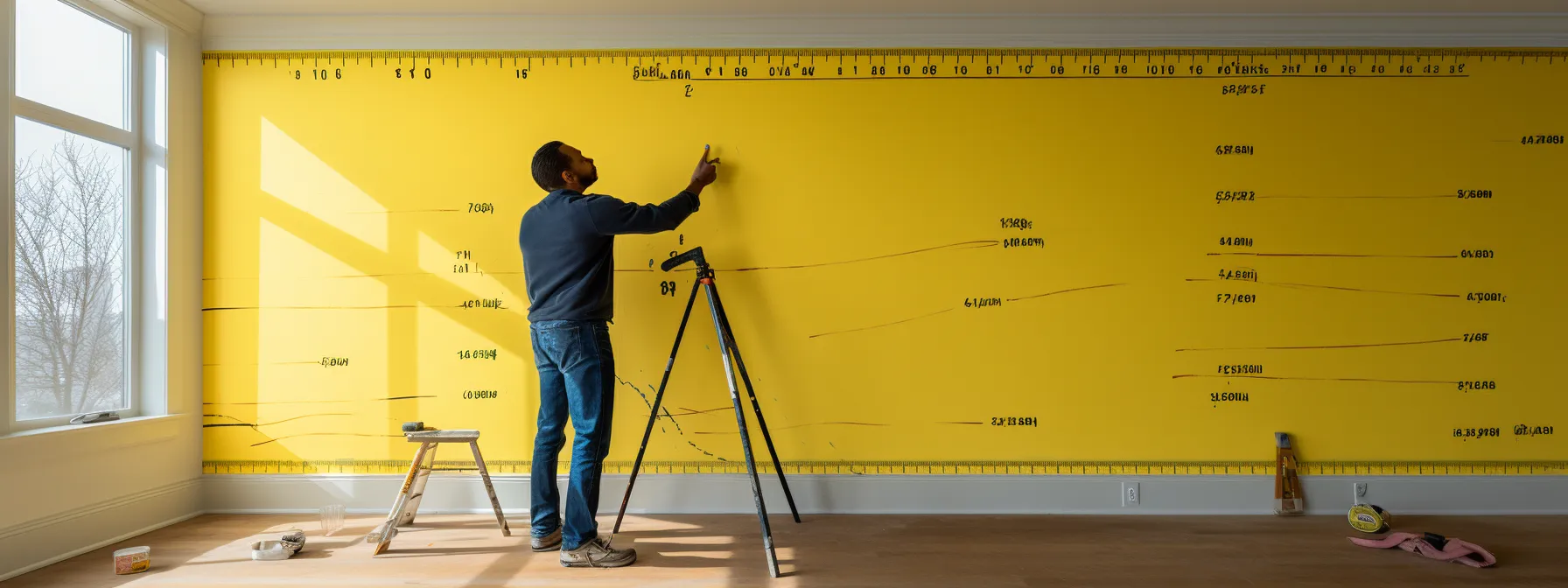 a person measuring a wall with a tape measure, jotting down the measurements.