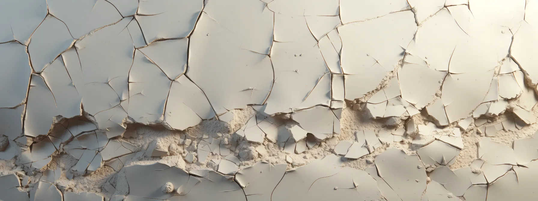 a close-up of a damaged drywall with visible cracks and holes.