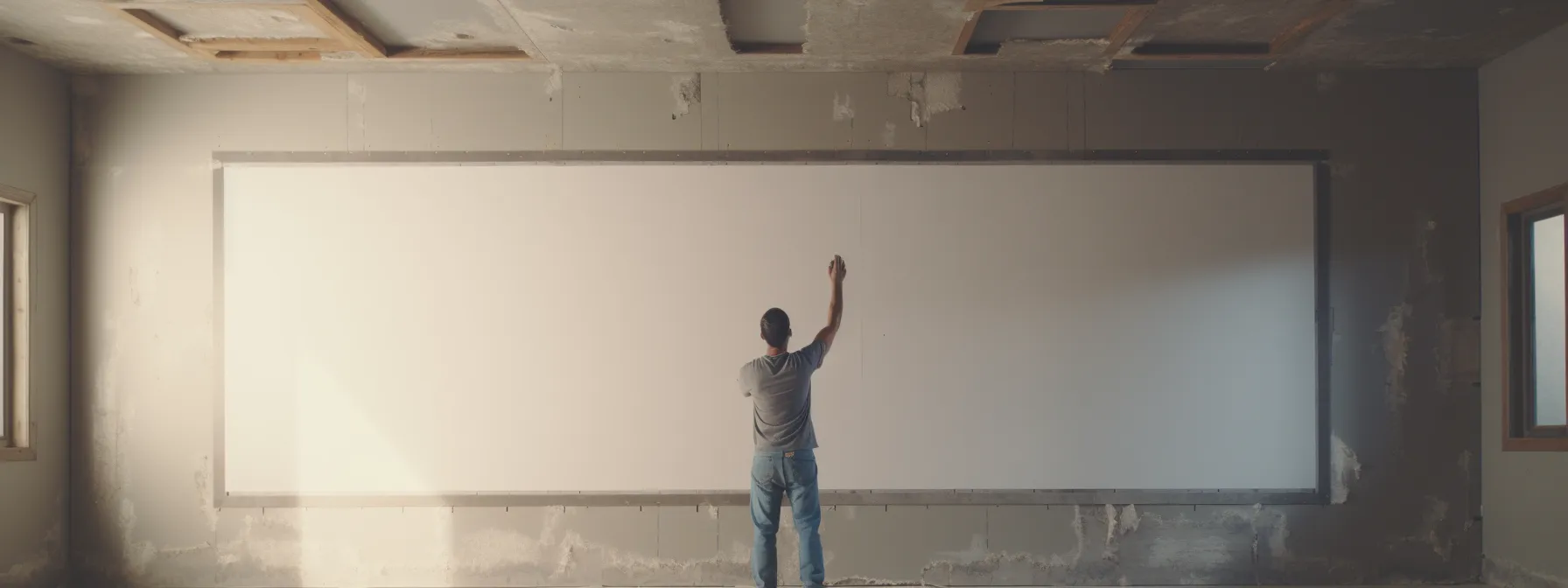 a person holding a piece of 3/8 inch drywall next to a wall under construction.