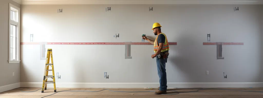 a person holding a measuring tape and a level while looking at a prepped wall for drywall installation.
