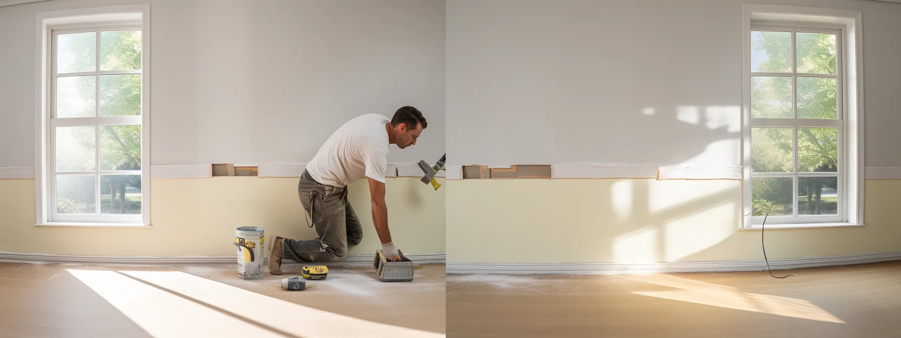 a person sanding a drywall surface with a sanding block in order to achieve a smooth finish.