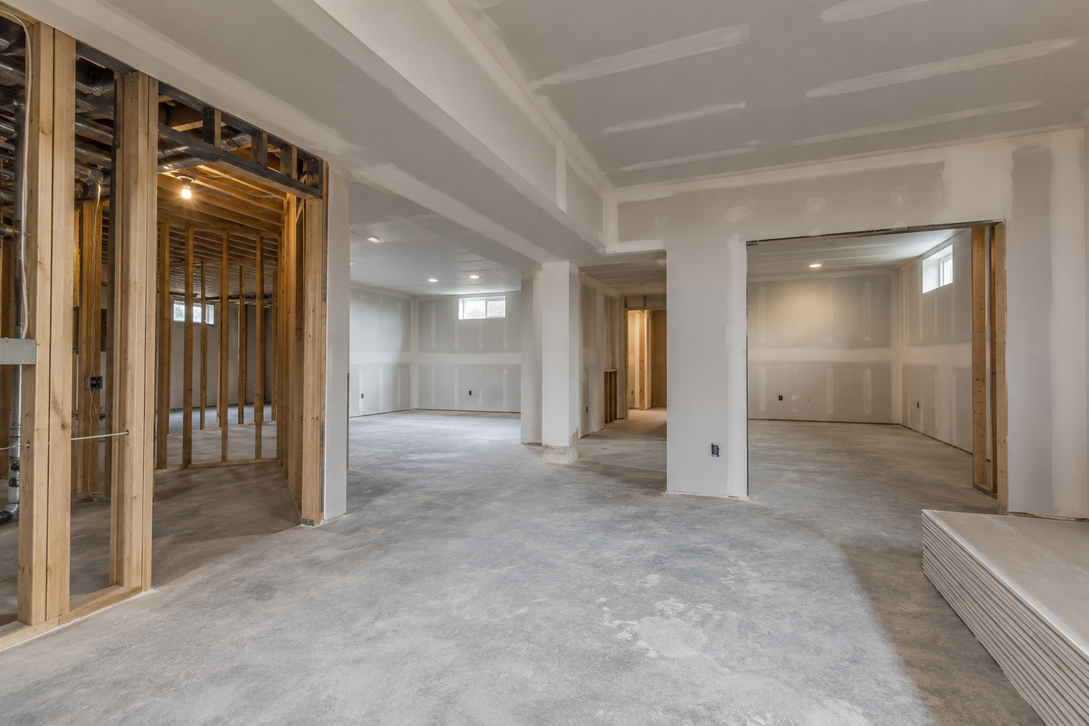 Illustrative basement renovation with timber framing and newly installed drywall